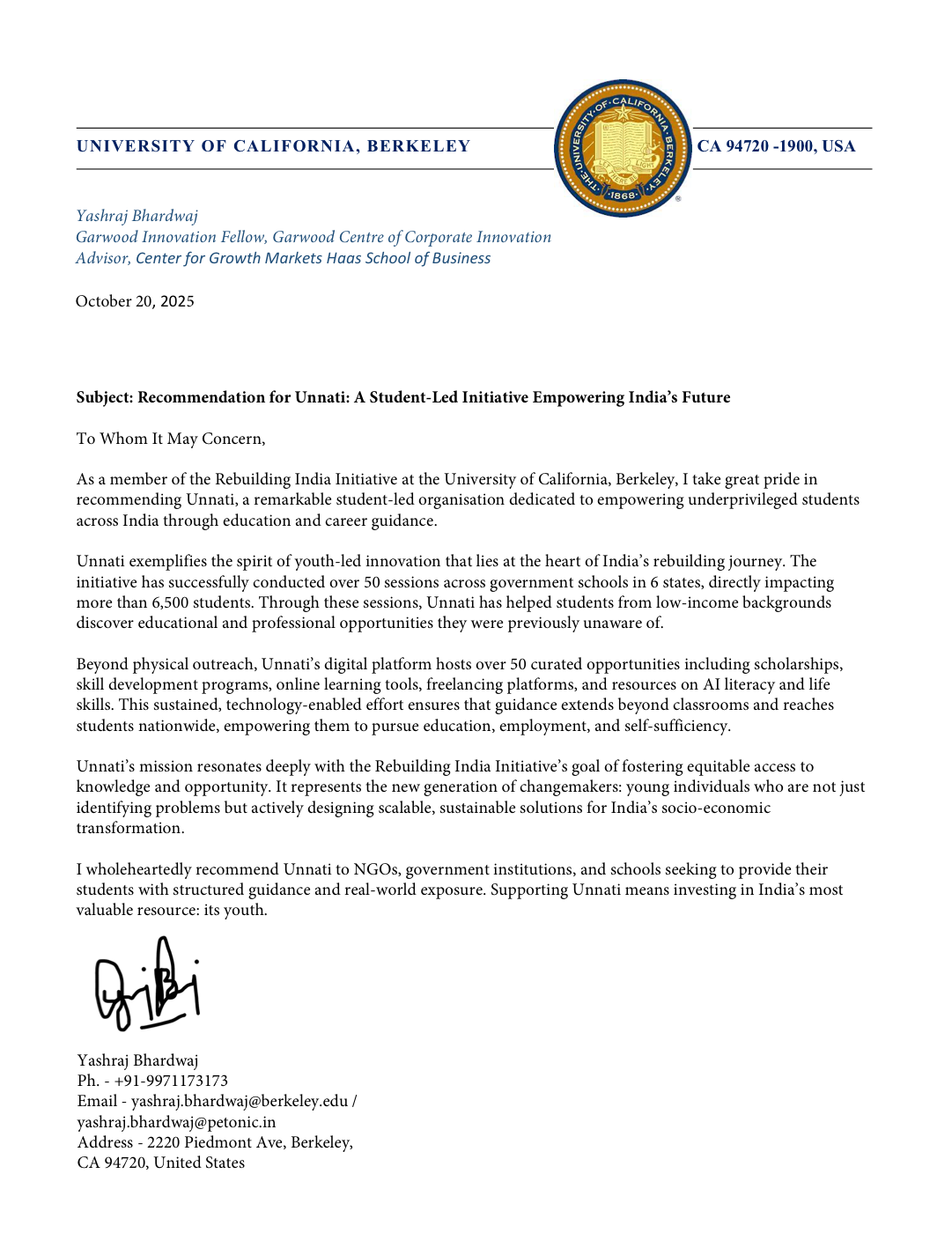 Recommendation letter from UC Berkeley